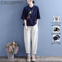 COCOEPPS เสื้อยืนไซส์ใหญ่สไตล์ชนเผ่าปักลายเฉียงแขนหัวเข็มขัดสีทึบแผ่นดิสก์ย้อนยุคชุดเดรสหน้าร้อนเสื้อเอวลอยผ้าฝ้ายและผ้าลินินสำหรับผู้หญิง