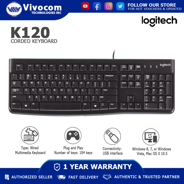 Logitech K120 Wired Standard USB Keyboard Comfortable Quiet Typing ...