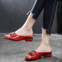 Red Sexy Peep Toe Metal Decoration Buckle Shallow Square Heel Slippers Shallow Party Sandals Designer Women Slides Plus Size