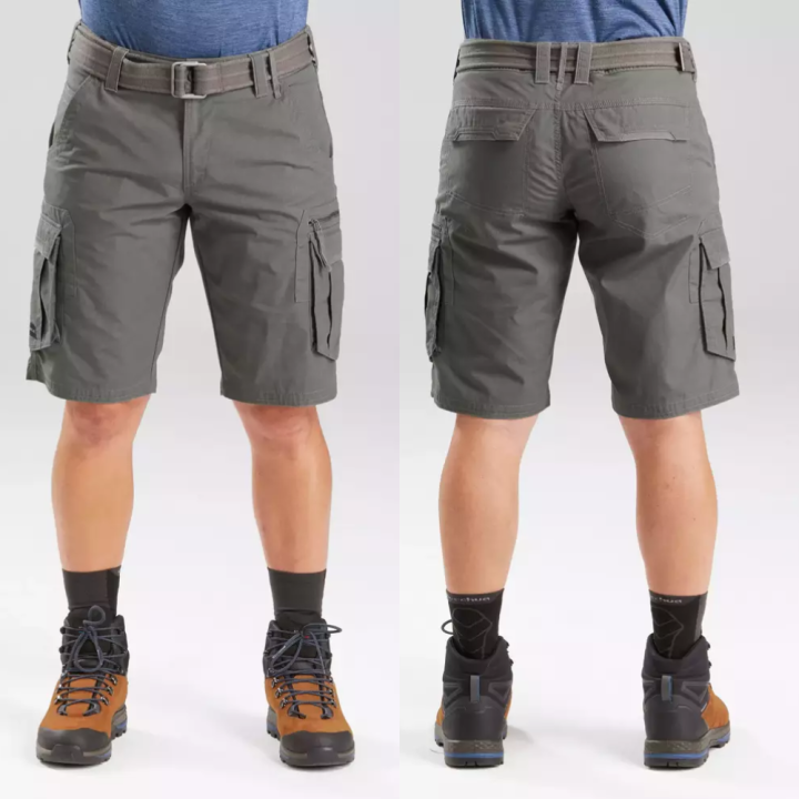 forclaz-กางเกงคาร์โก้ขาสั้นผู้ชายสำหรับใส่เทรคกิ้ง-กางเกงขาสั้นเดินป่า-ทนทาน-มีกระเป๋า-8-ช่อง-ขอบเอวปรับได้ด้วยเข็มขัด