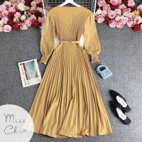 【YF】 Autumn Knitted Pleated Midi Dress Ladies Lantern Long Sleeve Belt A-line Casual Elegant Party Vestido Women Winter Clothes