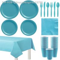 Blue Solid Color Party Set Disposable Plastic Plate Cup Tablecloth Birthday Party Wedding Decoration 10 People Adult Supplies