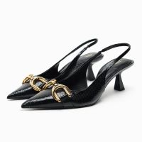 2023 spring new womens shoes black metal buckle za/raˉdecoration details exposed pointed toe stiletto high heels