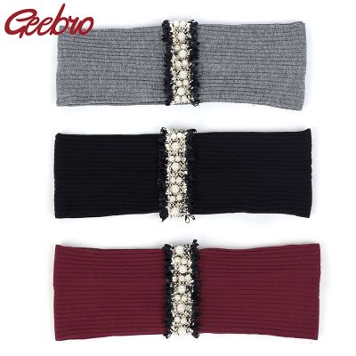 【CW】 Geebro Elastic Ribbed Headband Delicate Beads Hairband Female Hair Accessories for