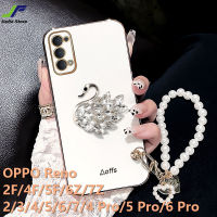 JieFie Crystal Swan เคสโทรศัพท์สำหรับ OPPO Reno 2F / 4F / 5F / 6Z / 7Z / 8Z / 8T / 2 / 3 / 4 / 5 / 6 / 7 / 8 / 9 / 4 Pro / 5 Pro / 6 Pro / 7 Pro / 8 Pro / 9 Pro หรูหราโครเมี่ยม soft TPU Square Phone Cover + สร้อยข้อมือมุก