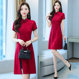 hanfu-qipao-cheongsam-tang-suit-tang-qipao-dress-เสื้อผ้าสตรีขนาดบวก-2021-ฤดูร้อนใหม่สไตล์จีนย้อนยุคกระชับสัดส่วนปรับปรุงชุดกี่เพ้าสีแดง