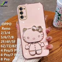 JieFie Hello Kitty เคสโทรศัพท์สำหรับ OPPO Reno 4F / 5F / 2F / 6Z / 7Z / 8Z / 8T / 2 / 3 / 4 / 4 Pro / 5 / 5 Pro / 6 / 6 Pro / 7 / 7 Pro / 8 / 8 Pro / 9 / 9 Pro เคสกระจกแต่งหน้าตุ๊กตาน่ารักแบบ TPU นิ่มชุบโครเมี่ยมสุดหรู ฝาครอบพร้อมตัวยึดด้านหลัง