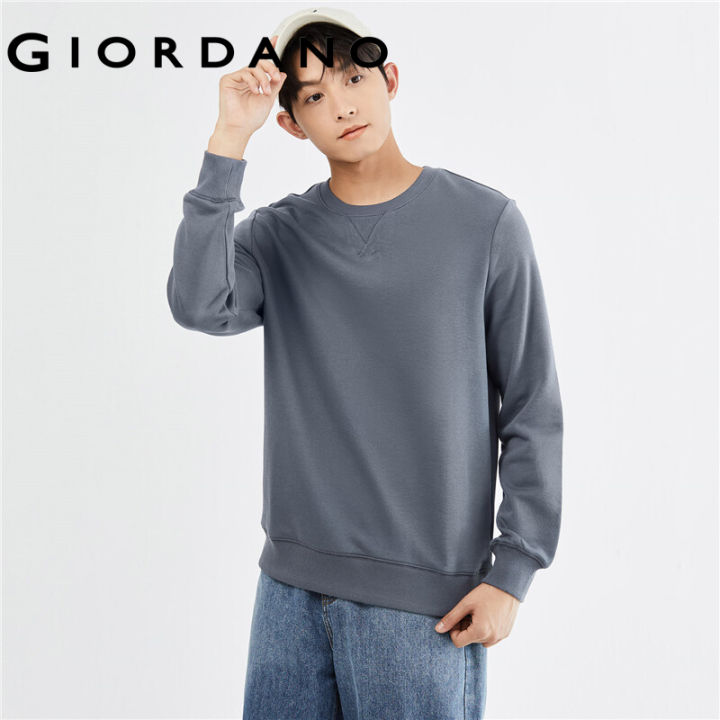 GIORDANO Men Sweatshirts Plain Color Flat Lock Crewneck Casual Sweatshirts  Simple Basic Relaxed Comfy Terry Sweatshirts 01022831