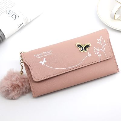 New Women Long Butterfly Wallets Pure Color Wool Ball Fashion Clutch Bag Female Three Fold Card Holder Coin Purse