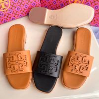 2023 new Tory Burch Two Colors Double T Logo Soft Sheep-leather Casual Slippers