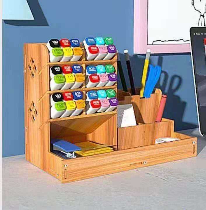 Wooden Desk Organizer, Large Capacity DIY Office Supplies Storage Box