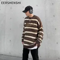 EERSHENSHI เสื้อสเวตเตอร์แขนยาวสำหรับผู้ชาย,เสื้อสเวตเตอร์เสื้อกันหนาวเรโทรสาวอุ่นย้อนยุคคอกลมแนวสตรีทแบบอเมริกัน