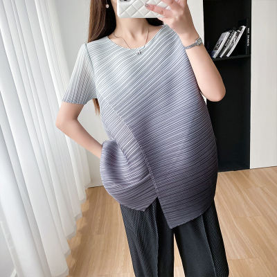 Casual Irregular Pleated Top Womens New Loose Pleated Round Neck Gradient T-shirt