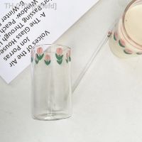 ﺴ☸✹ ivhefd Vidro de impressão tulipa vintage com palha Copo água transparente Resistente calor Reútil Leite Suco Caneca café 300ml