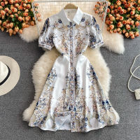 Gorgeous Court Style Single-breasted Lapel Dress Temperament POLO Collar Slim Retro Print Dress 2022 Summer New