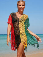 2022 Cover-Ups Multi Beach โครเชต์ปกปิด Pareo Tunic สำหรับชายหาดคอ V กว่าขนาดพู่ Beachwear ชุดว่ายน้ำปกปิดผ้าซิ่น