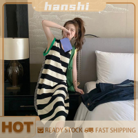 hanshi [2023 new HOT FASHION] lazlook เดรสแขนกุดทรงหลวมลำลองสีบล็อกสำหรับผู้หญิงลายแถบฝรั่งเศสฤดูร้อน