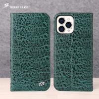 Fierre Shann เคสฝาพับหนังวัวแท้สำหรับ IPhone 14 15 Pro Max Plus กระเป๋าใส่นามบัตรหนังแท้ลายจระเข้