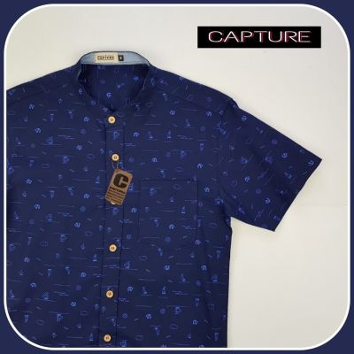 Capture Shirt เสื้อเชิ้ตผู้ชาย คอจีน แขนสั้น oxford ลายเรือใบจิ๋ว สีกรม มีถึงอก 48 นิ้ว