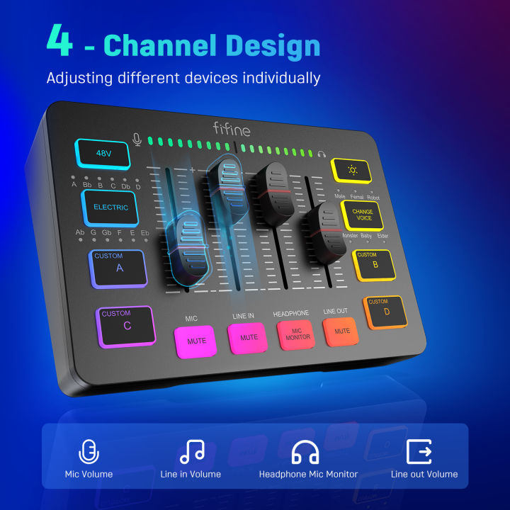 fifine-gaming-audio-mixer-สตรีมมิ่งมิกเซอร์-rgb-4ช่องสัญญาณพร้อมอินเทอร์เฟซไมโครโฟน-xlr-สำหรับเสียงเกม-พอดคาสต์-แอมพลิเกม-sc3