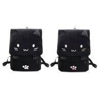 2 PCS Fashion Cute Cat Embroidery Canvas Student Cartoons Women Backpack Leisure School Bag,Black+White &amp; Black+Pink