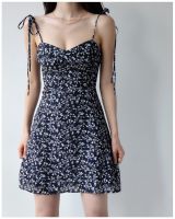 【CW】❉  Floral Print Tie-up A-line Short Slim-fit Backless V-neck Spaghetti Boho Sundress Beach Tunic