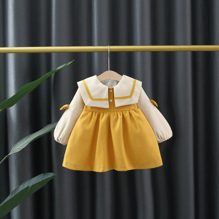 lapel-button-baby-long-sleeve-dress-bow-two-color-baby-dress-autumn-thickening-warm-girls-childrens-clothing