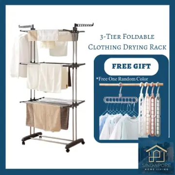 BR505 3-Tier Collapsible Clothes Drying Rack with Casters, Laundry Drying  Rack, Stainless Steel Hanging Rods, Indoor & Outdoor Use