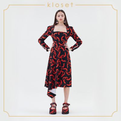 Kloset Ribbon Bow Asymmetric Dress (RS21-D009)เสื้อผ้าแฟชั่น เสื้อผ้าผู้หญิง เดรสแฟชั่น เดรสผ้าพิมพ์ เดรสสั้น