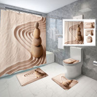 Sand Shower Curtain Sets 4 Pcs Nature Summer Drawings Shells Starfish Non-slip Bath Mat Toilet Lid Waterproof Shower Curtain Set