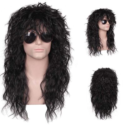 【LZ】❍♦  Men Wig Black Long Curly Wig Male Synthetic Cosplay Wigs Puffy High Fiber Machine for Rock Party  Fluffy Nightclub Bar Wig