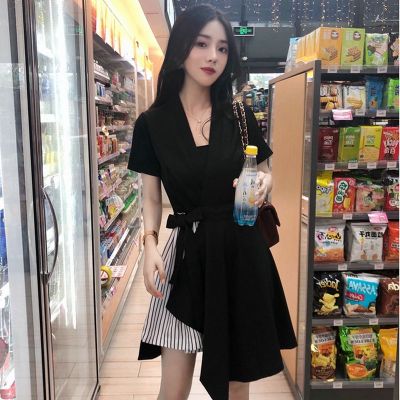 ชุดเดรสสั้นเหนือเข่า Summer Womens Mini Dress Korean Black Dress Irregular Retro High Waist Short Dress