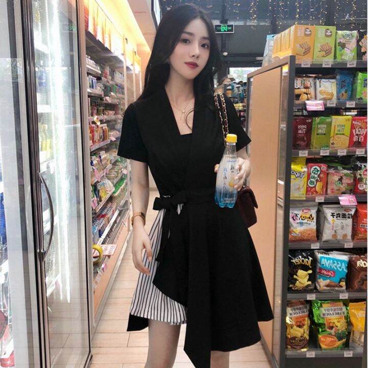 ชุดเดรสสั้นเหนือเข่า-summer-womens-mini-dress-korean-black-dress-irregular-retro-high-waist-short-dress