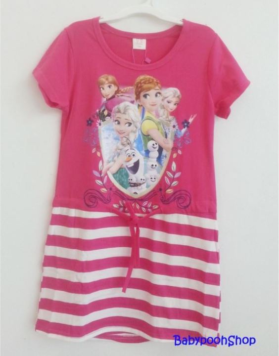 T.T : เดรสผ้ายืด cotton สกรีนลาย เจ้าหญิง Frozen สีชมพูเข้ม เนื้อผ้า นื่ม เด้ง *** 280 ฿  size :160(10-12y)