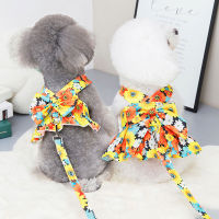 New Bow Dog Collar Skirt Cute Flower Print Harness with Breast Strap Traction Rope Dogs Clothes Vest Princess Dress Skirt