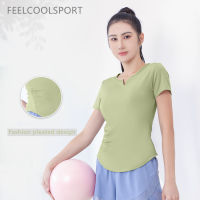 FEELCOOLSPORT ใหม่โยคะเสื้อผ้ามืออาชีพวิ่งแห้งเร็วพิลาทิสชุดออกกำลังกายกีฬาแขนสั้นด้านบน