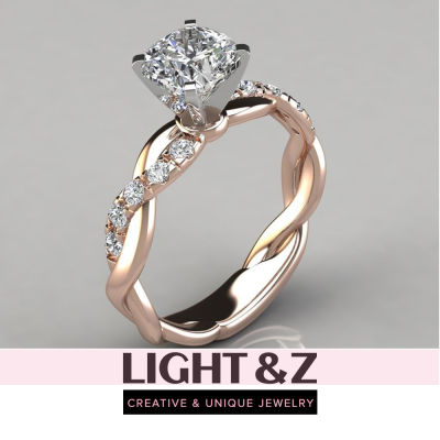 LIGHT & Z Tiktok แหวนเพชรสี่เหลี่ยมแบบฝังสองสีโรสโกลด์18K หรูหราใหม่สำหรับสุภาพสตรีเครื่องประดับคุณภาพสูง