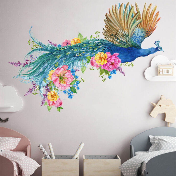 3D Colorful Flying Flower Peacock Wall Stickers Living Room Bedroom