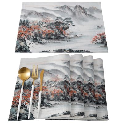 Chinese Style Ink Painting 4/6pcs Table Pad Mats for Dining Table Home Kitchen Decor Accessories Linen Placemats Coaster