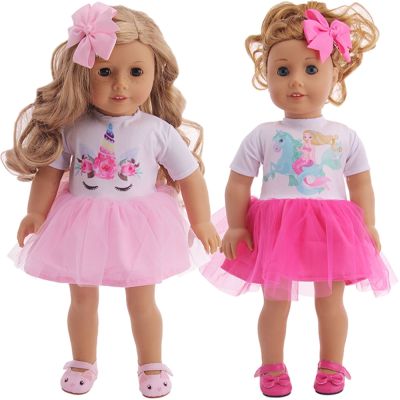 Cute Unicorn Dress With Headwear For American 18 Inch Girl Doll Clothes 43 CM Born Baby Items Our Generation 42 cm Nenuco