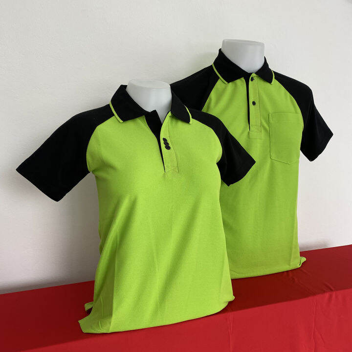 เสื้อโปโลคอปก-polo-shirt-แบบชาย-ทรงตรง-ส่วนแบบหญิง-เข้ารูป-สีเขียวตองแขนดำ-เนื้อผ้านุ่ม-สวมใส่สบาย-มีบริการส่งเก็บเงินปลายทาง