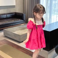 Girls mei red 2023 French dress with short sleeves exoticism skirt baby swe女童短袖玫红色法式洋装装2023洋派宝宝甜美儿童天裙子T818z