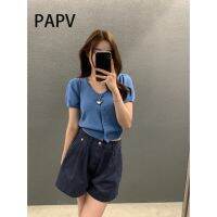 ร้อน, ร้อน★Papv เสื้อโค้ท คอวี แขนสั้น ผ้าถัก สไตล์เกาหลี ฝรั่งเศส 1540