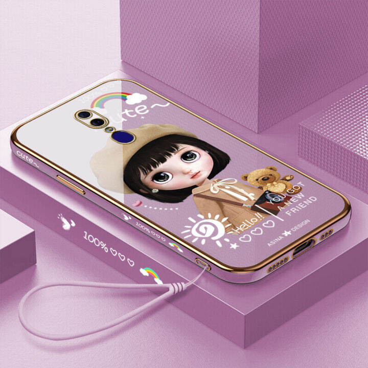 คลังสินค้าพร้อม-เคสเคสมือถือสำหรับ-f11-oppo-พร้อมฟรีสายคล้อง-การ์ตูนสาวน่ารักขอบสี่เหลี่ยมชุบเคลือบฝาหลังนิ่ม