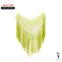 TandT - Green Gingham Checked Tulle Fringe Scarf ผ้าพันคอ ผ้าโพกผม ผ้าผูกเอว ผ้าตาข่าย ลายสก็อต ตกแต่งเส้นฟรินจ์ สกรีนลายหัวใจ