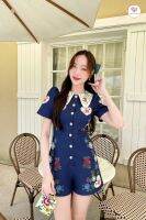 Maria Diamond Navy Night Jumpsuit จั๊มสูทขาสั้นพิมพ์ลายสีกรม สวยหรู พิมพ์ลายงานปัก ปกหลังสวย เด่น ไม่เหมือนใคร น่ารักมาก