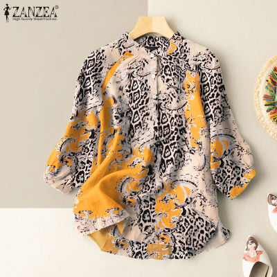 (จัดส่งฟรี)(จัดส่ง 3 วัน)ZANZEA เสื้อเบลาส์ทรงหลวมของผู้หญิง,เสื้อทรงหลวมลำลองพิมพ์ลายเสือดาวแขนยาวคอตั้งสำหรับฤดูร้อน Fancystyle