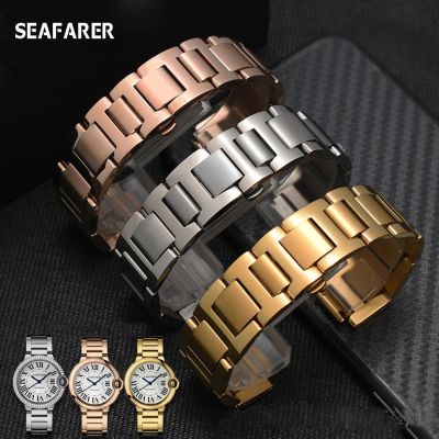 ☢✒ 14 16 18 มม. 20 มม. 22 มม. พรีเมี่ยมสายนาฬิกาสแตนเลส Silver Rose Gold สายนาฬิกาข้อมือสำหรับ Cartier บอลลูนสีฟ้า