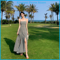 [KP Elegant]?? A-Line Plaid Split Maxi Dress ผู้หญิงฤดูร้อนฝรั่งเศส VINTAGE เลียบสปาเก็ตตี้สายรัดเสื้อเซ็กซี่ผู้หญิงหรูหรา Plaid Design vestido Holiday Chic ins ชุดยาว