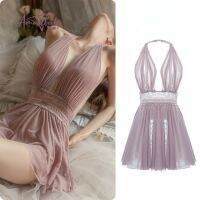 Vintage Nightgowns Halter Nightdress Sexy Lingerie Net Gauze Sheer Temptation Backless High Waist Underwear Women Sleepwear